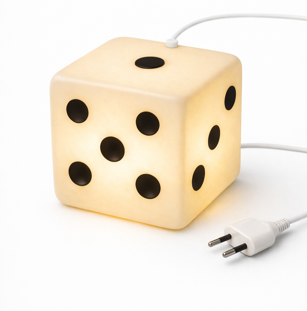 A lamp shaped like a dice with black dots, plugged into an electrical outlet.