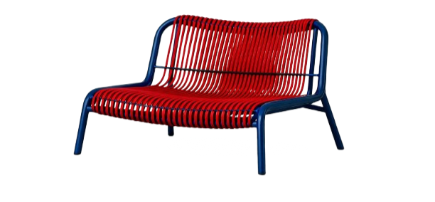 Red and blue outdoor bench with a metal frame and slatted seat and backrest.