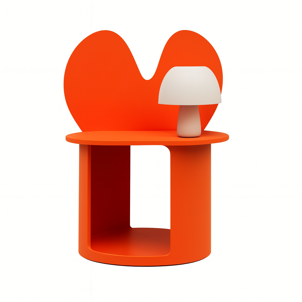 Orange modern side table with a white table lamp on top, set against a plain white background.