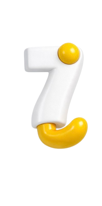 A number seven made of white and yellow material, resembling a fun, cartoonish style, with some text partially visible above and below.