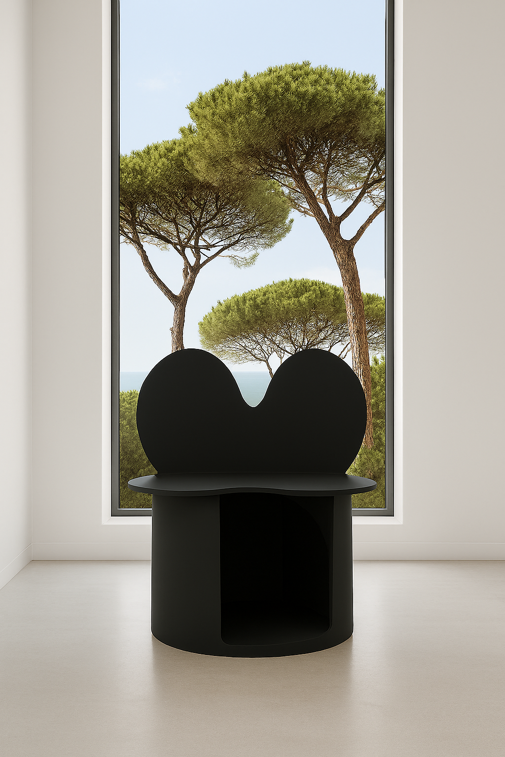 Black abstract chair in front of a large window showing a view of trees and sky.