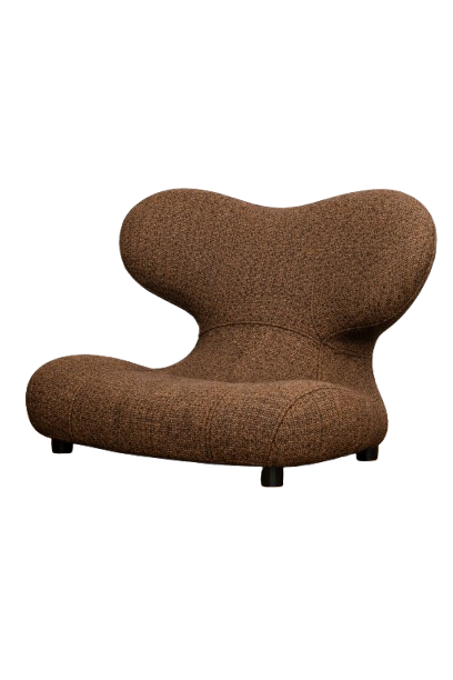 Modern brown upholstered chair with unique curved backrest and seat, set against a plain white background with black and purple stylized text above it.