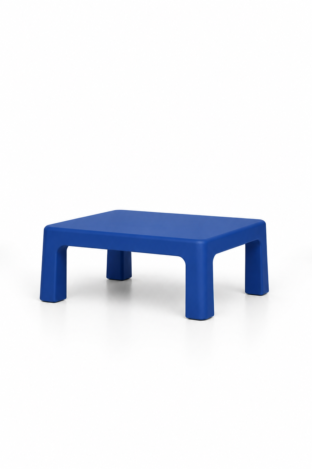 Blue plastic square-shaped stool with four legs on a white background.