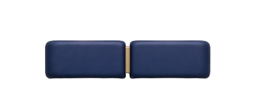 Close-up of a navy blue sofa armrest with gold trim.