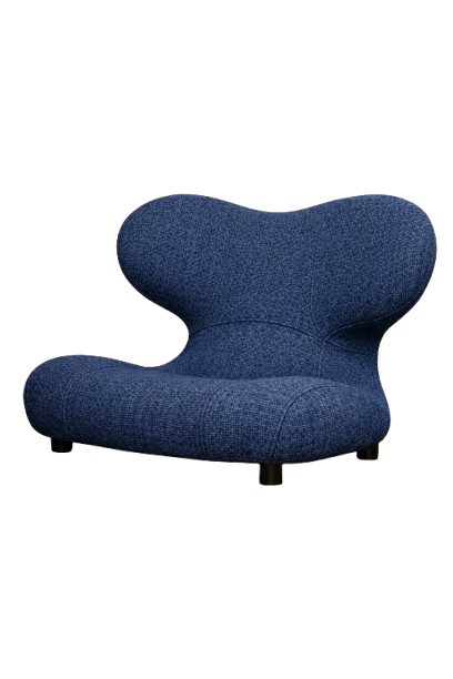 Blue modern lounge chair with a peculiar shape, placed on a colorful, patterned rug, with the words NUTRITION GUIDE in stylized text above.