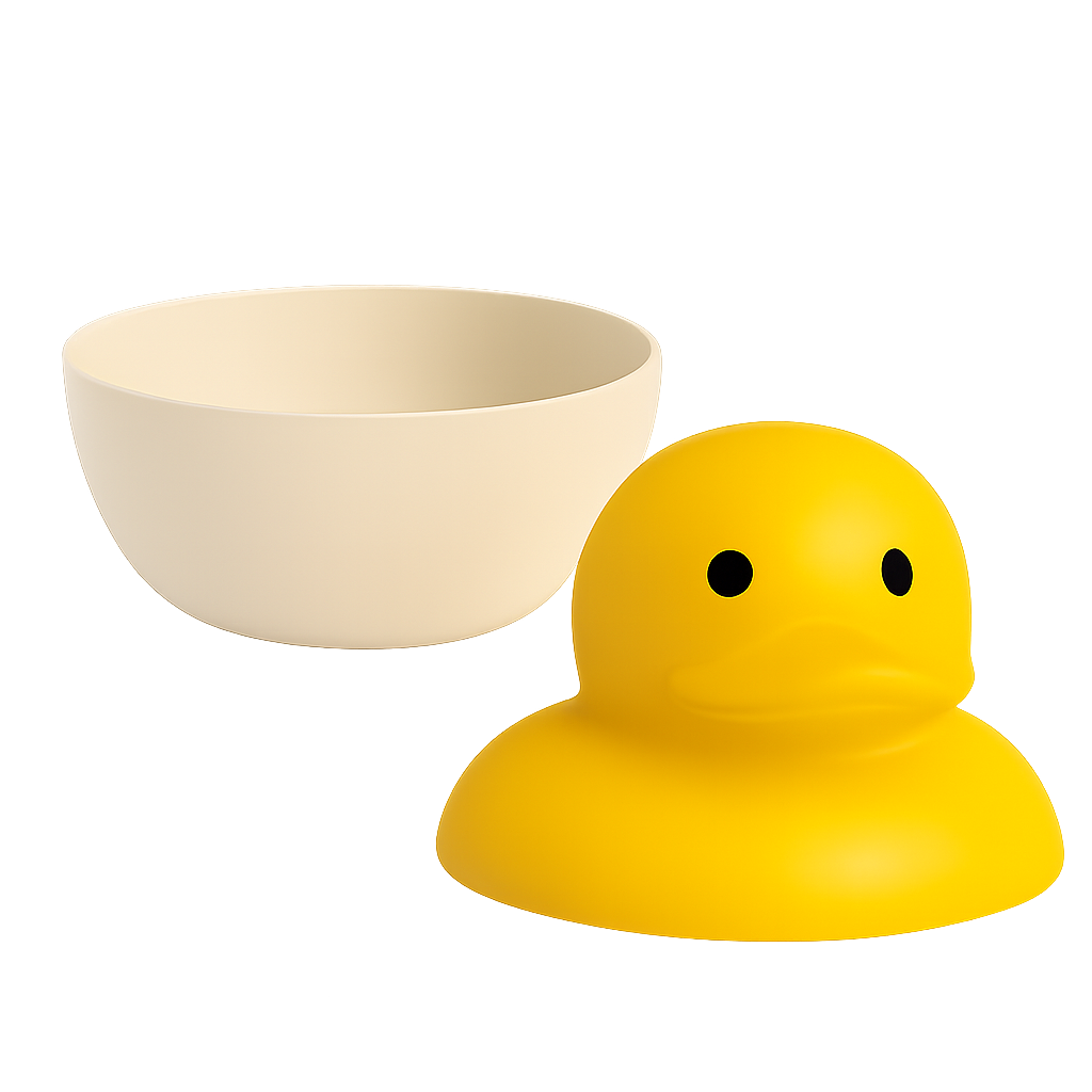 A yellow rubber duck with black eyes and an orange beak next to a white empty bowl.