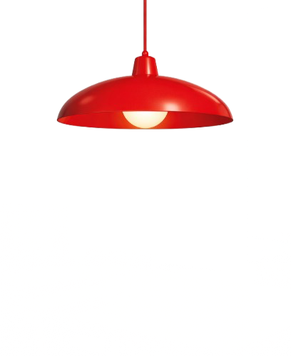 Red hanging pendant light over a yellow and red patterned surface.