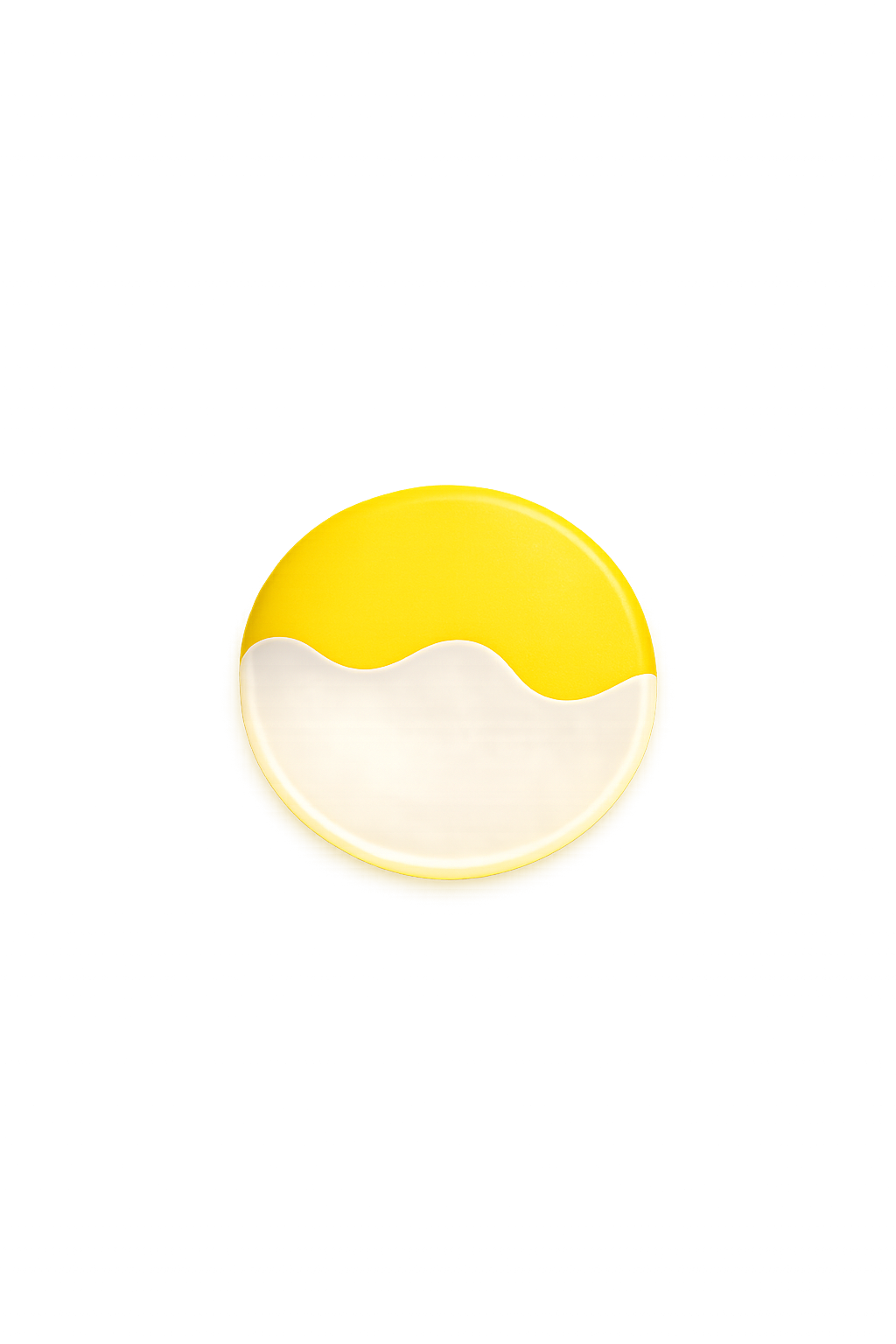 A round light fixture with a yellow top half and a white bottom half, illuminated against a dark background.