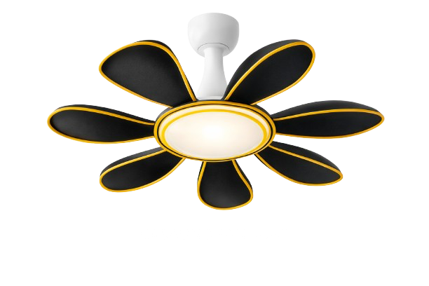 Modern ceiling fan with black and yellow blades and a built-in light fixture.