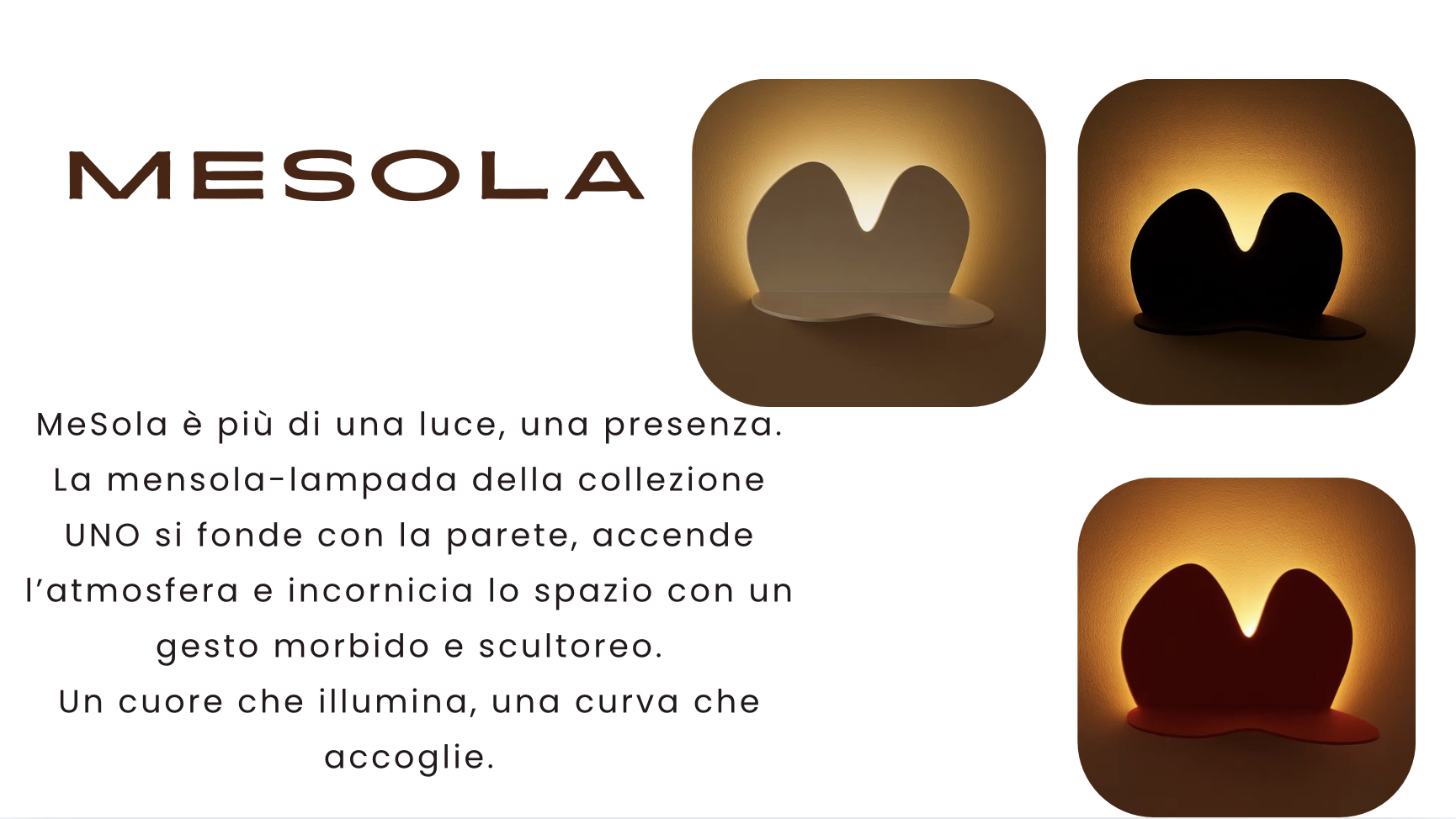 Three images of a heart-shaped lamp, one white with a warm glow, one black with a warm glow, and one red with a warm glow, along with text describing the lamp as a symbol of light, presence, and warmth.