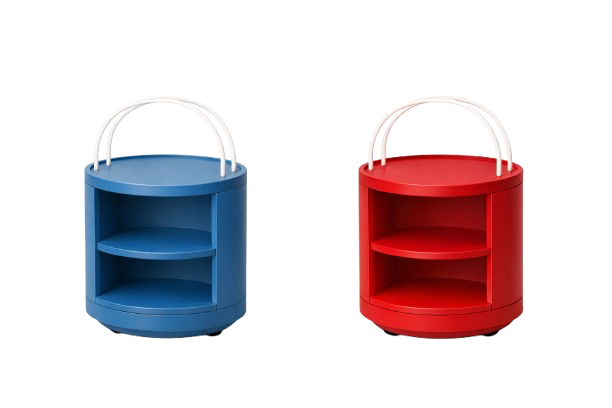 Two small, round, blue and red plastic storage bins with white handles, placed side by side. The word 'DISTRICT' is written above them.