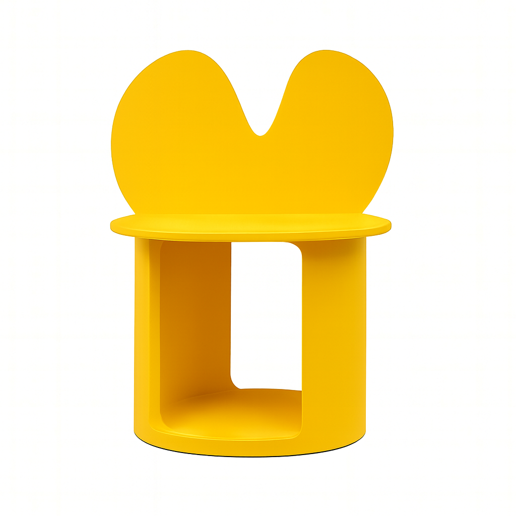 Yellow modern chair with a backrest shaped like bunny ears, and a hollow base.