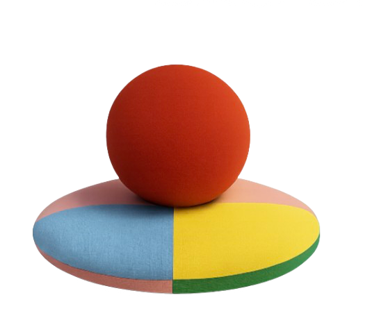 Colorful spinning top with a red sphere balanced on a multicolored circular base