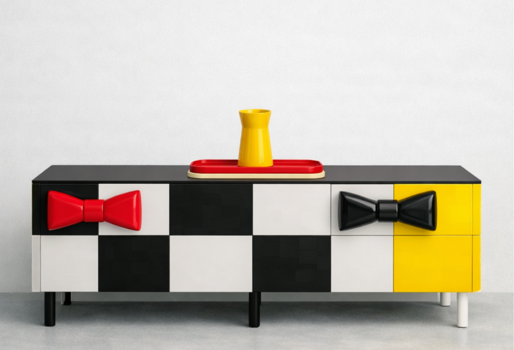 A modern sideboard with a black and white checkered pattern and yellow panel, featuring large 3D bow tie handles in red and black, with a yellow cup on a tray on top.