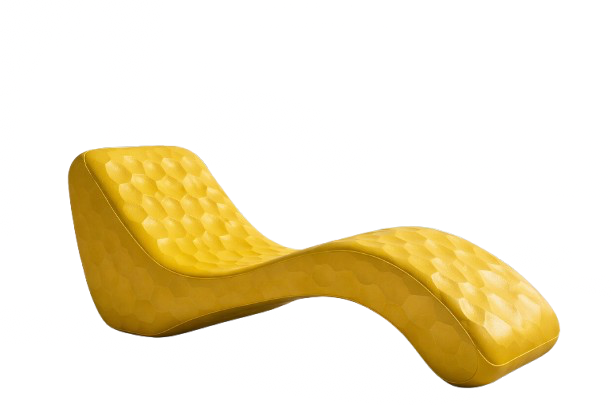 Yellow chaise lounge chair with tufted upholstery.