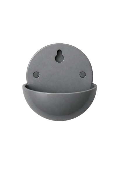 Gray circular wall planter with a rounded container attached to a flat back piece with a hanging hole.