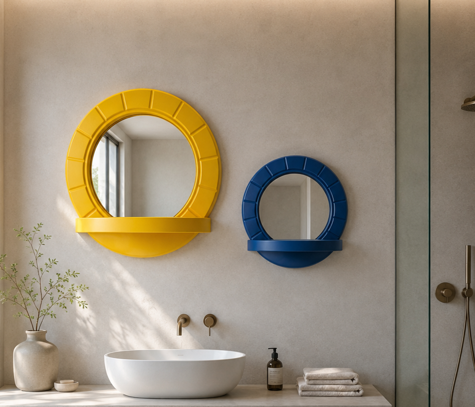Modern bathroom with two round mirrors, one yellow and one blue, above a white vessel sink, with a vase of greenery, towels, and soap dispenser on the countertop.