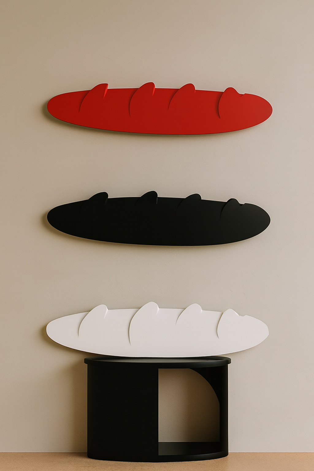 Three horizontal modern wall shelves shaped like loaves of bread in red, black, and white, mounted on a beige wall above a black table with a white loaf-shaped decoration.