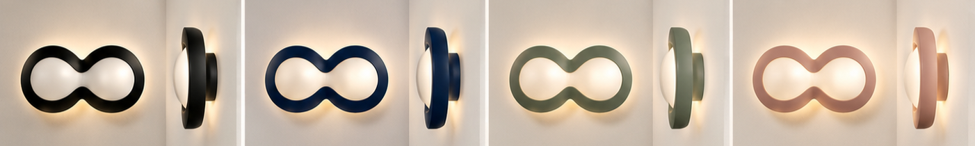A series of illuminated infinity symbol shapes in black, dark blue, navy, olive green, pink, and light pink, displayed on a wall at different angles.