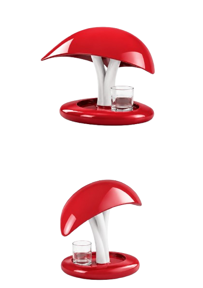 A mushroom-shaped drinking fountain with a red cap, white stem, and a glass of water underneath.
