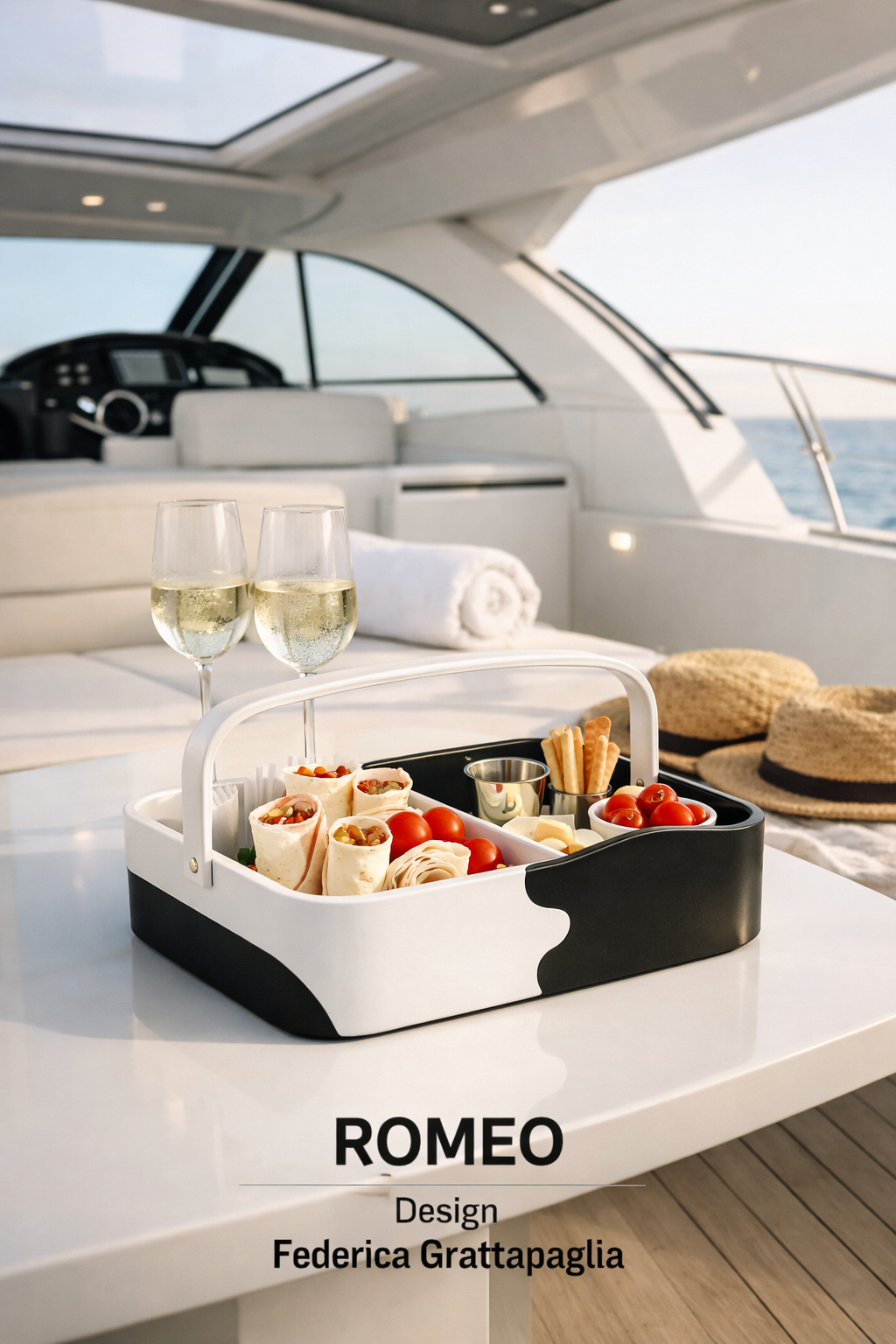 A yacht interior with a white table holding a tray of appetizers, two glasses of champagne, and a rolled white towel. The background shows the yacht's cockpit, seating area, and ocean view.