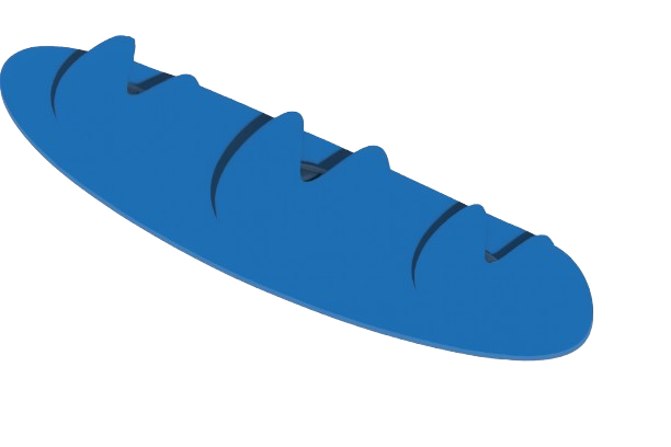 Blue plastic doorstop wedge with three vertical ridges.