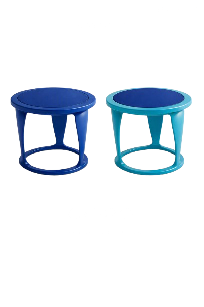 Two round plastic stools, one blue and one teal, with circular seats and four legs connected by a circular support.