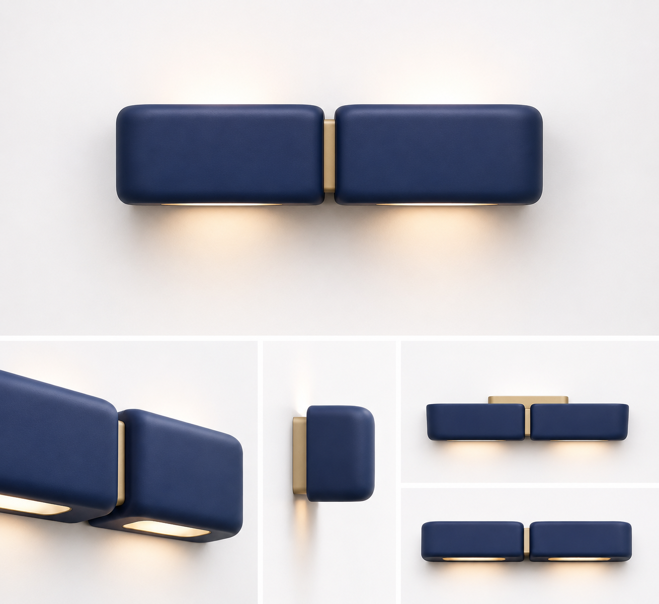 Set of modern blue wall-mounted light fixtures with beige backings, emitting warm light, arranged in various configurations against a white wall.