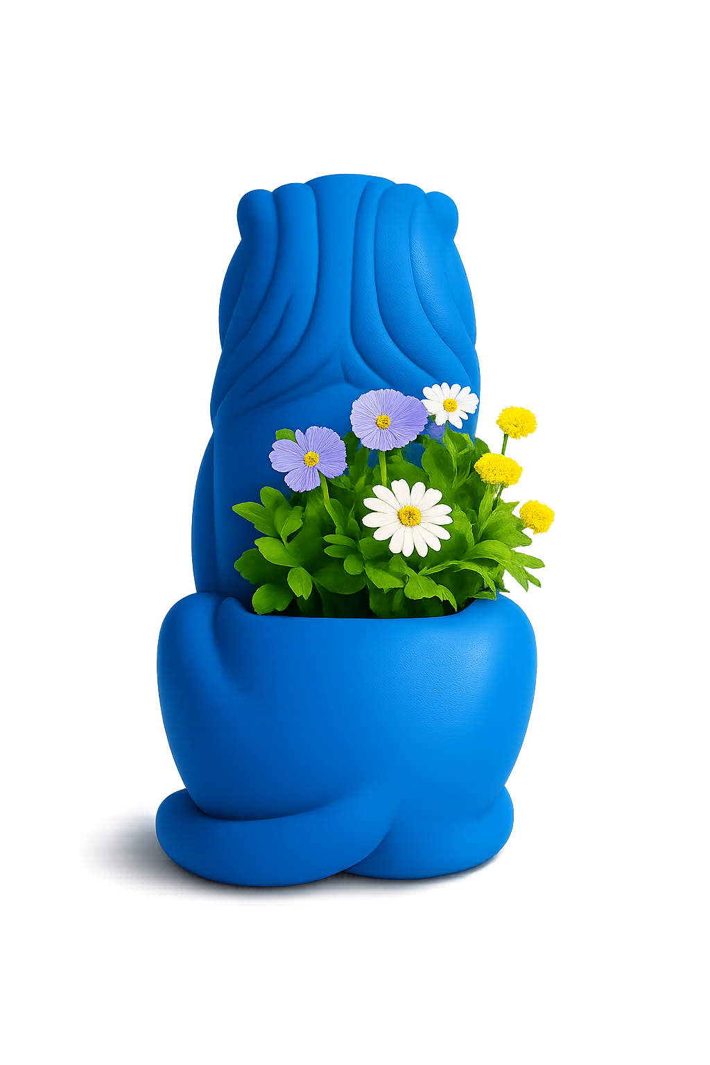 Blue ceramic planter shaped like a brain filled with colorful flowers including daisies and primroses.