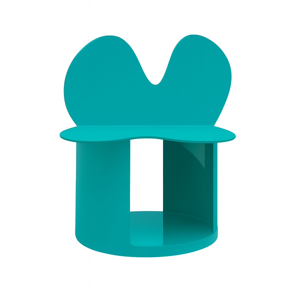 Modern teal chair with a rounded backrest and cylindrical base.