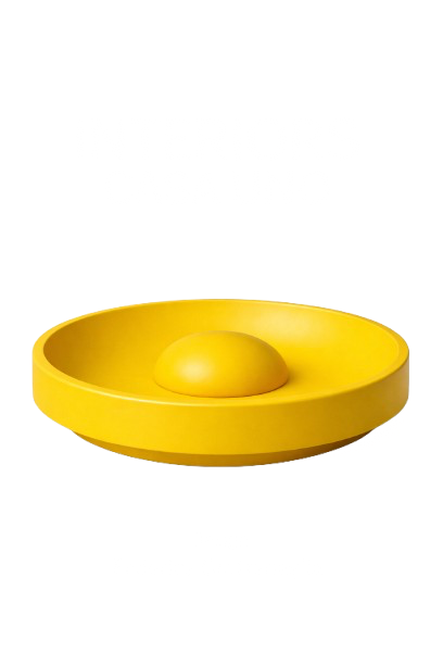 A yellow, circular button with a raised center, resembling a yolk, on a white background, with stylized black text above and below that reads "Invents of the Future."