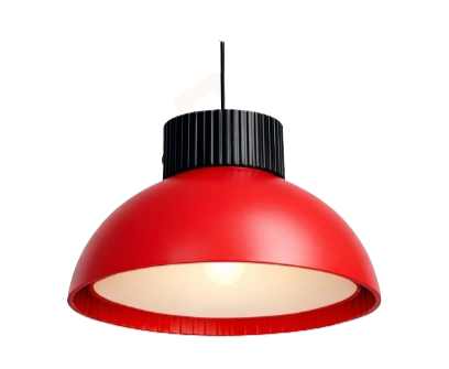 Red hanging lamp with a black ceiling mount.