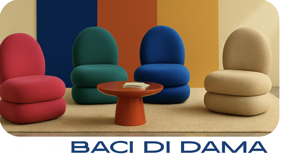 Colorful modern chairs in pink, green, blue, and beige arranged with a small orange table holding a book, against a multicolored wall, with the text 'BACÌ DI DAMA' at the bottom.