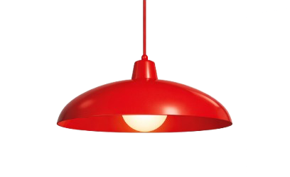 Red hanging pendant light with a white interior and glowing bulb.