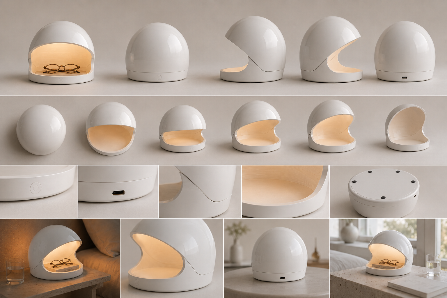 Multiple views of a white, spherical, modular lamp with a crescent-shaped opening and warm interior light, including close-ups and staged settings.