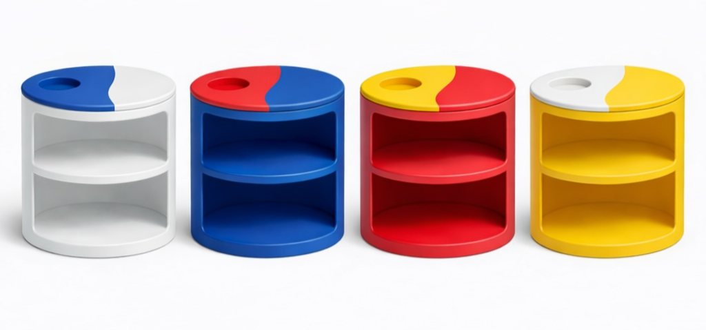 Colorful circular storage units with two shelves each, featuring a color-blocked design in white-blue, blue-red, red-yellow, and yellow-white.
