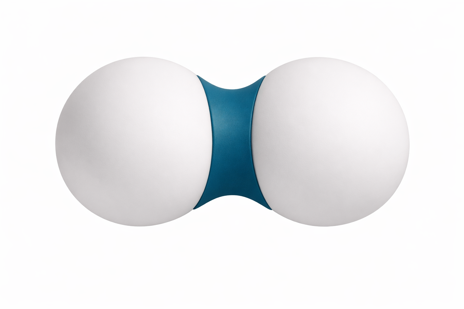 A minimalist art piece resembling a stylized face with two large white circular shapes and a small blue bridge-like shape in the middle.