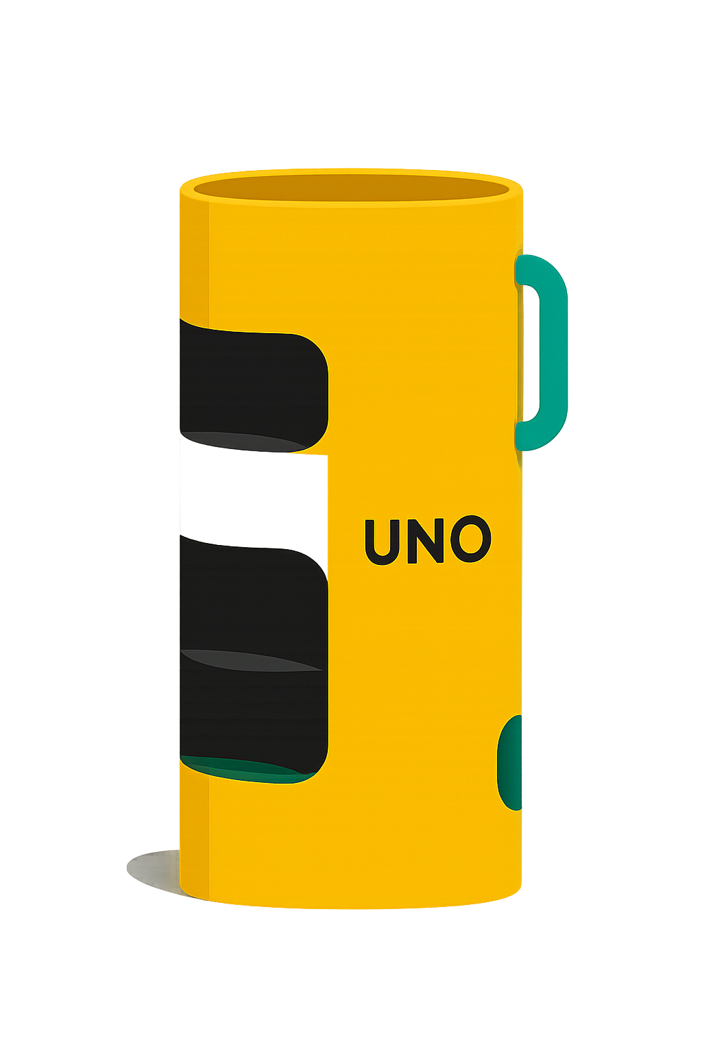 Yellow Uno card box with black and teal accents, displaying the word 'UNO' in black letters on a yellow background.