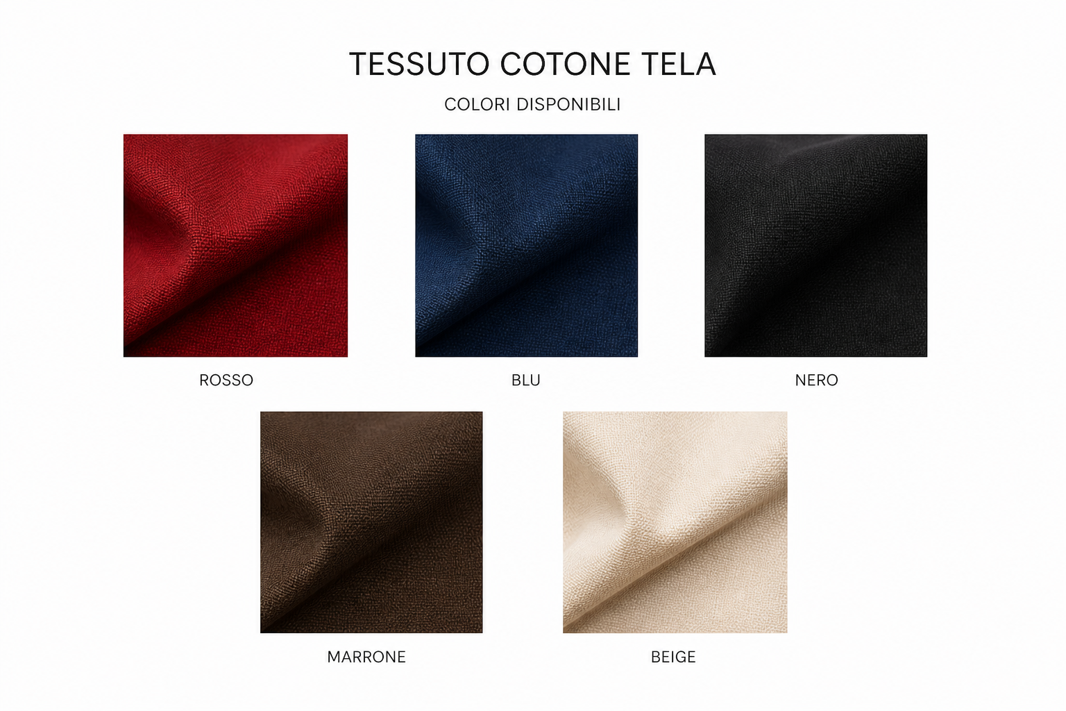 Display of five fabric swatches of cotton canvas material in red, blue, black, brown, and beige, labeled respectively in Italian with their color names.