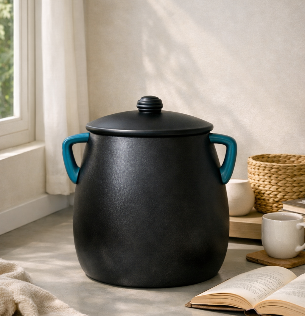 A black kettle with blue handles and a lid, placed on a light-colored countertop next to a white mug and an open book, near a window with sheer curtains and a woven basket on a tray.