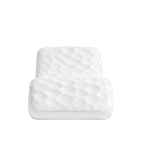 A white modern chair with a textured, honeycomb pattern on the seat and backrest, positioned in front of a white background with blurred black text above.