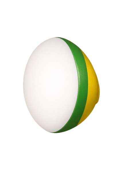 A volleyball with white, green, and yellow panels.