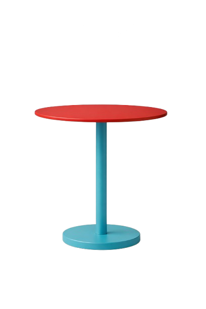A small, round table with a red top, blue pedestal base, and blue circular bottom on a white background.