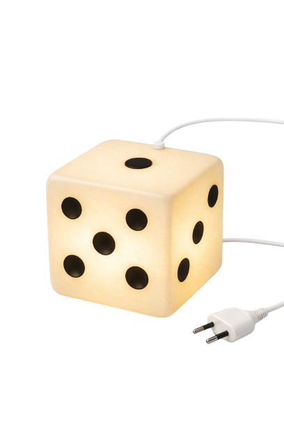 A cube-shaped lamp that resembles a die with black dots on each side, plugged into a white power cord.