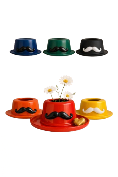 Colorful hats with mustache decorations and flowers for decoration.