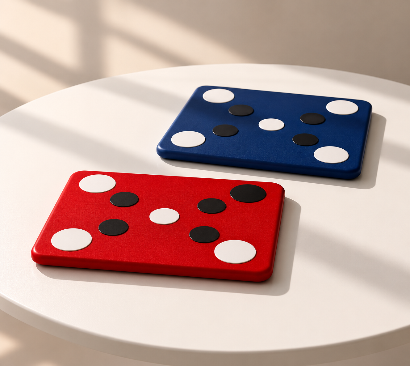 Red and blue dice-shaped devices with black and white dots on a white surface with shadows.