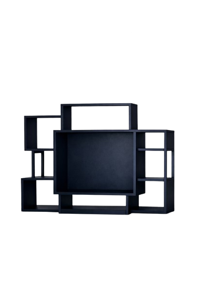 A modern black modular shelving unit with multiple open compartments of various sizes.