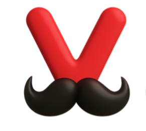 Red letter V with a black curled mustache underneath.