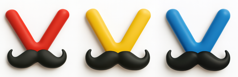 Colorful balloon letters 'V' with black mustaches underneath, arranged in red, yellow, and blue colors on a white background.
