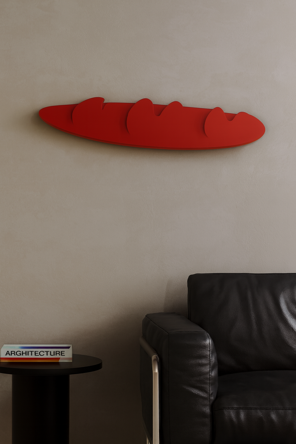 Red abstract wall art piece with rounded shapes, positioned above a black sofa in a modern interior space.